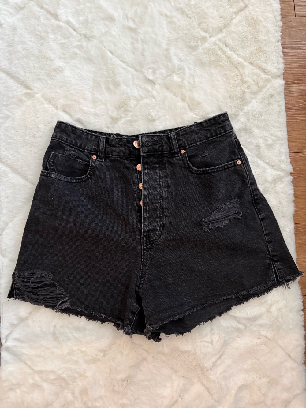 Zara High-Waist Black Distressed Denim Shorts